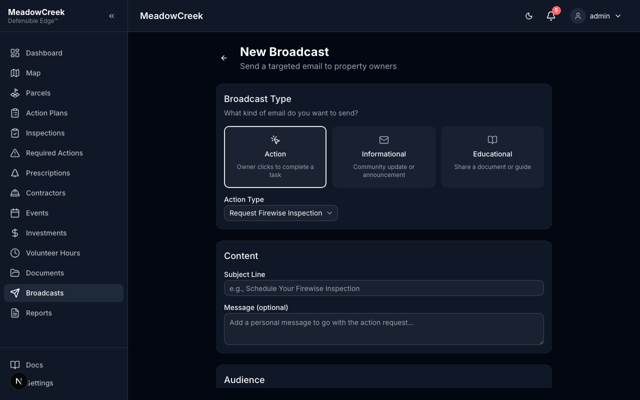 New broadcast form — action-link configuration lives here