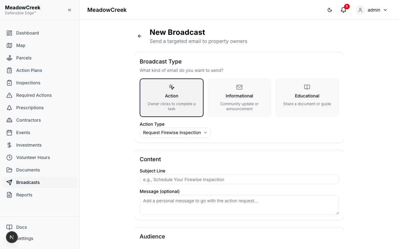 New broadcast form — action-link configuration lives here