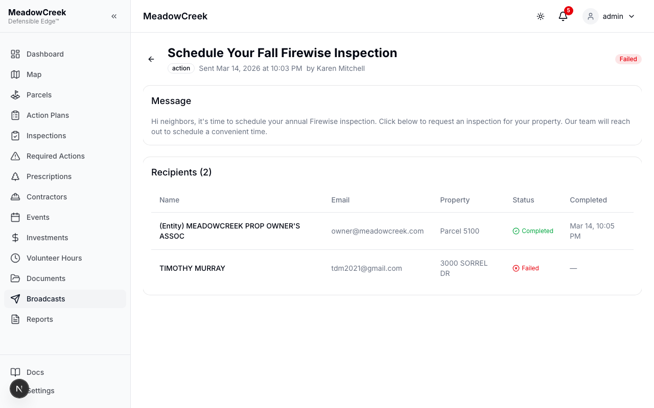 Broadcast detail — delivery and completion tracking