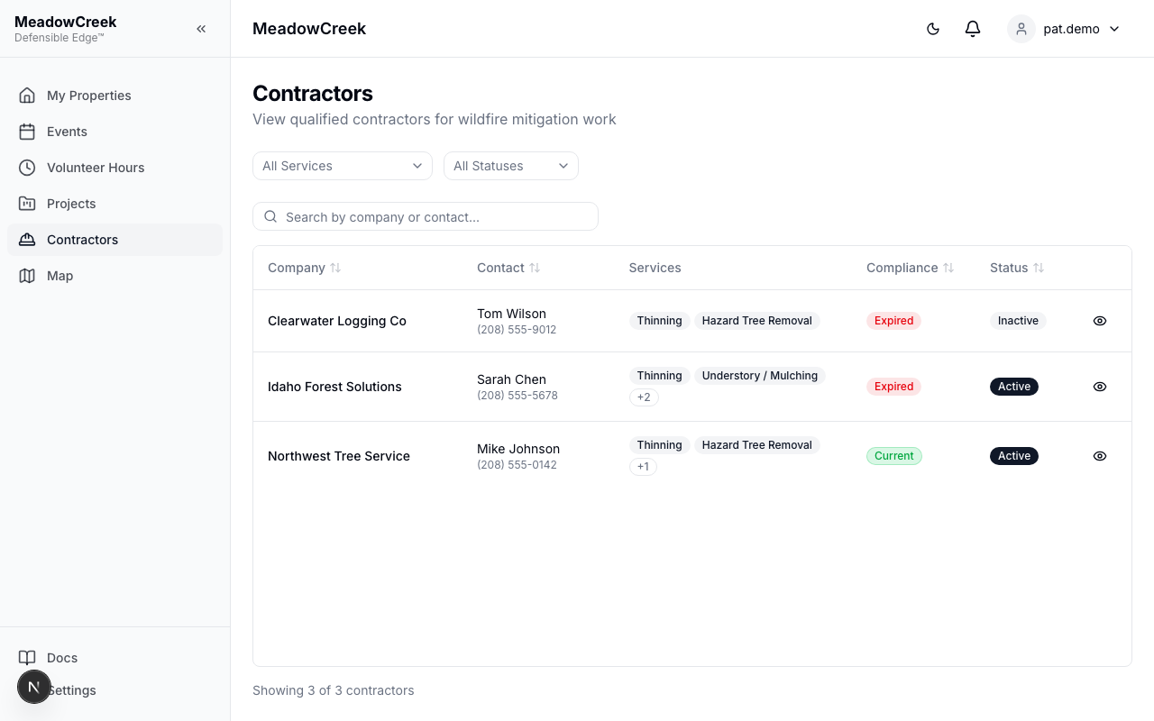 Contractors directory — owner view