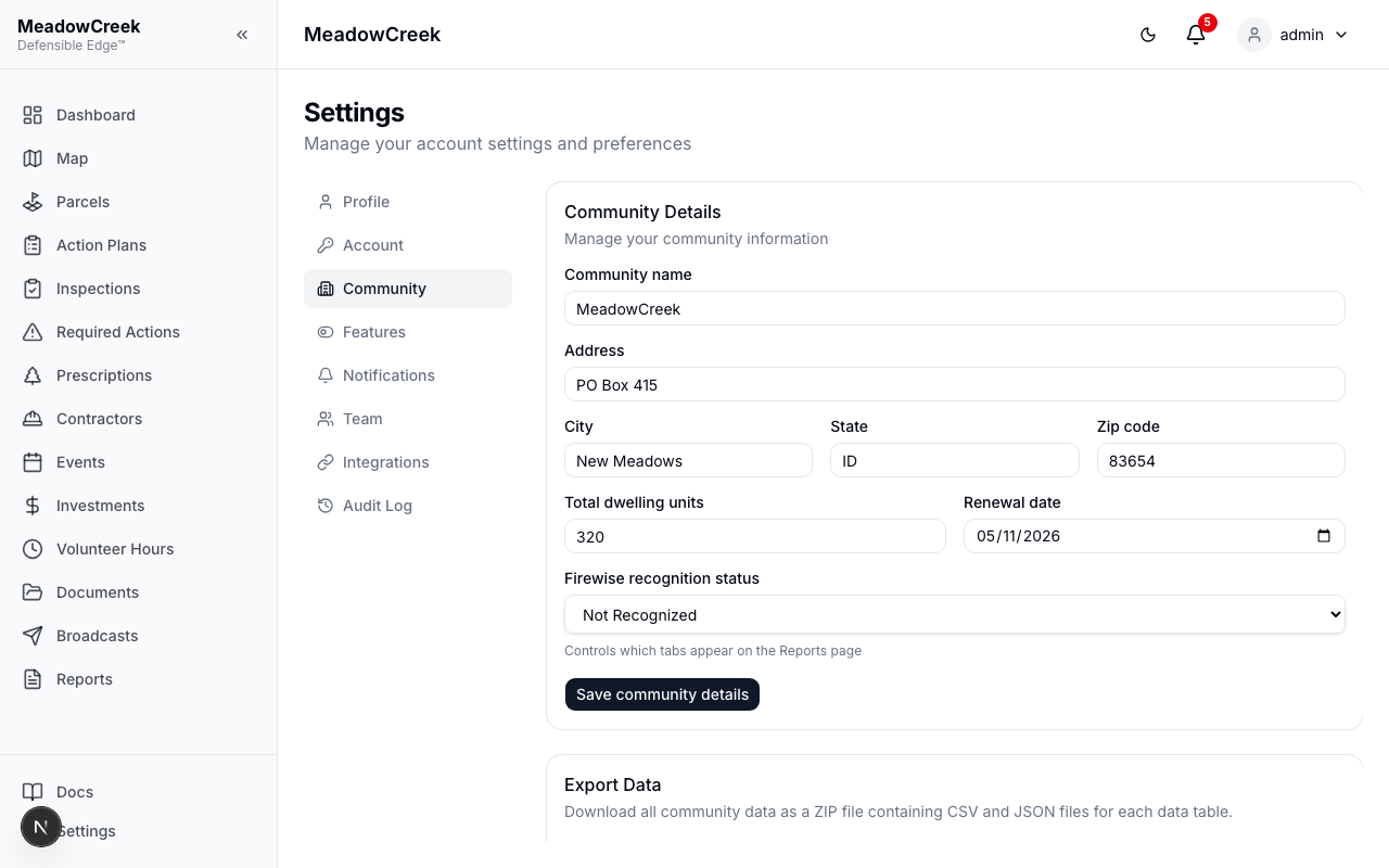Community settings page