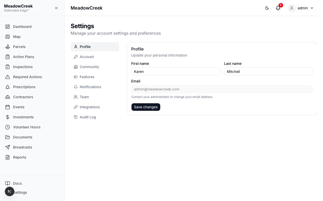 Profile settings page