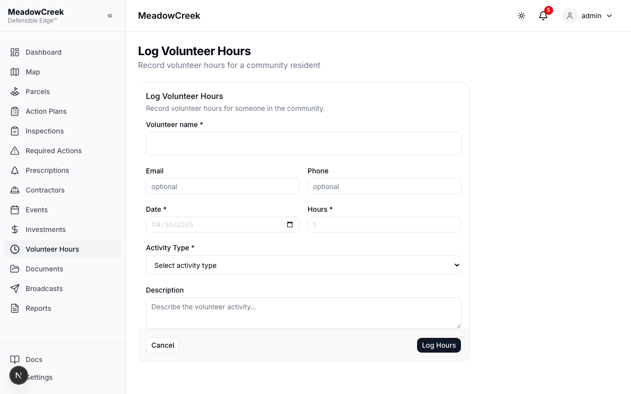 Log hours form (desktop)