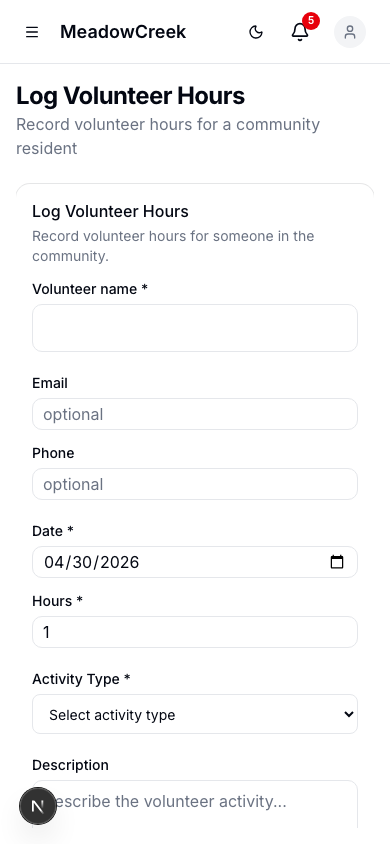 Log hours form (mobile)